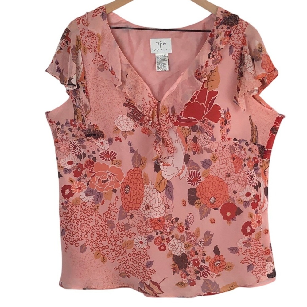VISION APPAREL Silk Ruffle V-Neck Flutter Sleeve Blouse Sz 1X Pink Fairy Whimsy